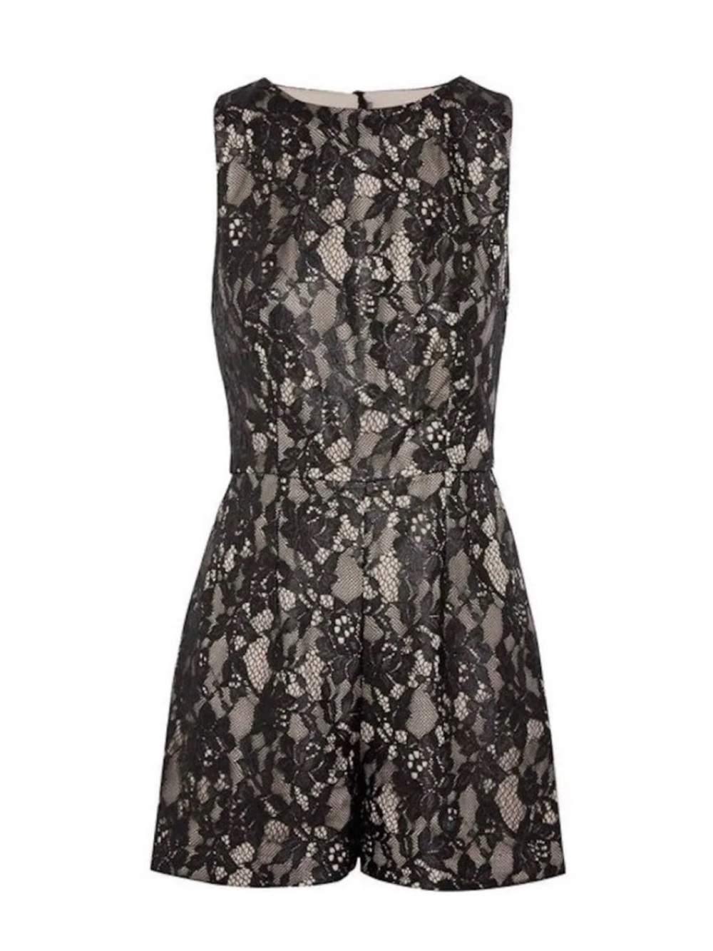Alice + Olivia Ashleigh Lace Romper Sleeveless Open Back Black Tan Formal